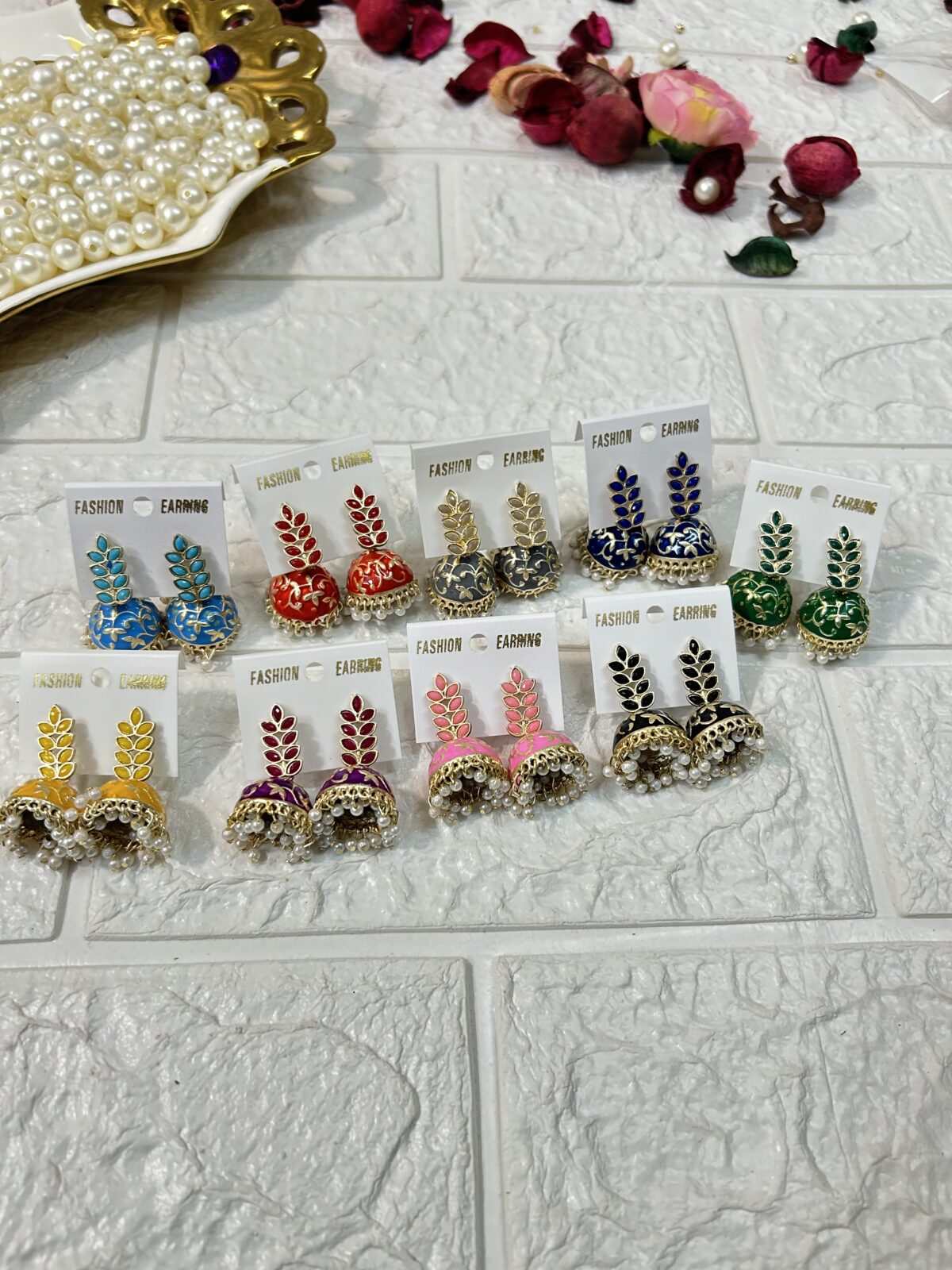 Leaf Shape Meenakari Jhumki Earrings For Mehndi Sangeet Haldi Party Return Gifts