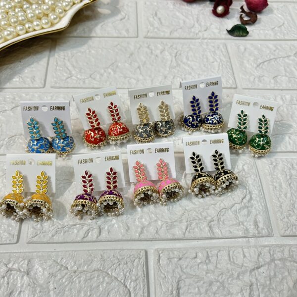 Leaf Shape Meenakari Jhumki Earrings For Mehndi Sangeet Haldi Party Return Gifts