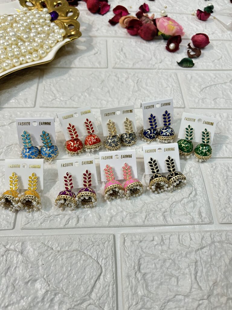 Leaf Shape Meenakari Jhumki Earrings For Mehndi Sangeet Haldi Party Return Gifts