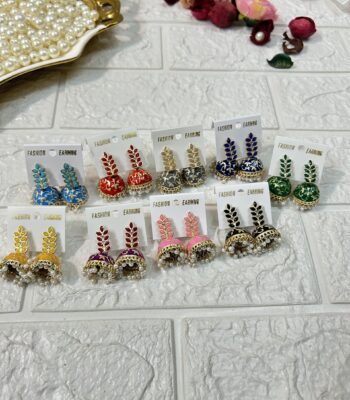 Leaf Shape Meenakari Jhumki Earrings For Mehndi Sangeet Haldi Party Return Gifts