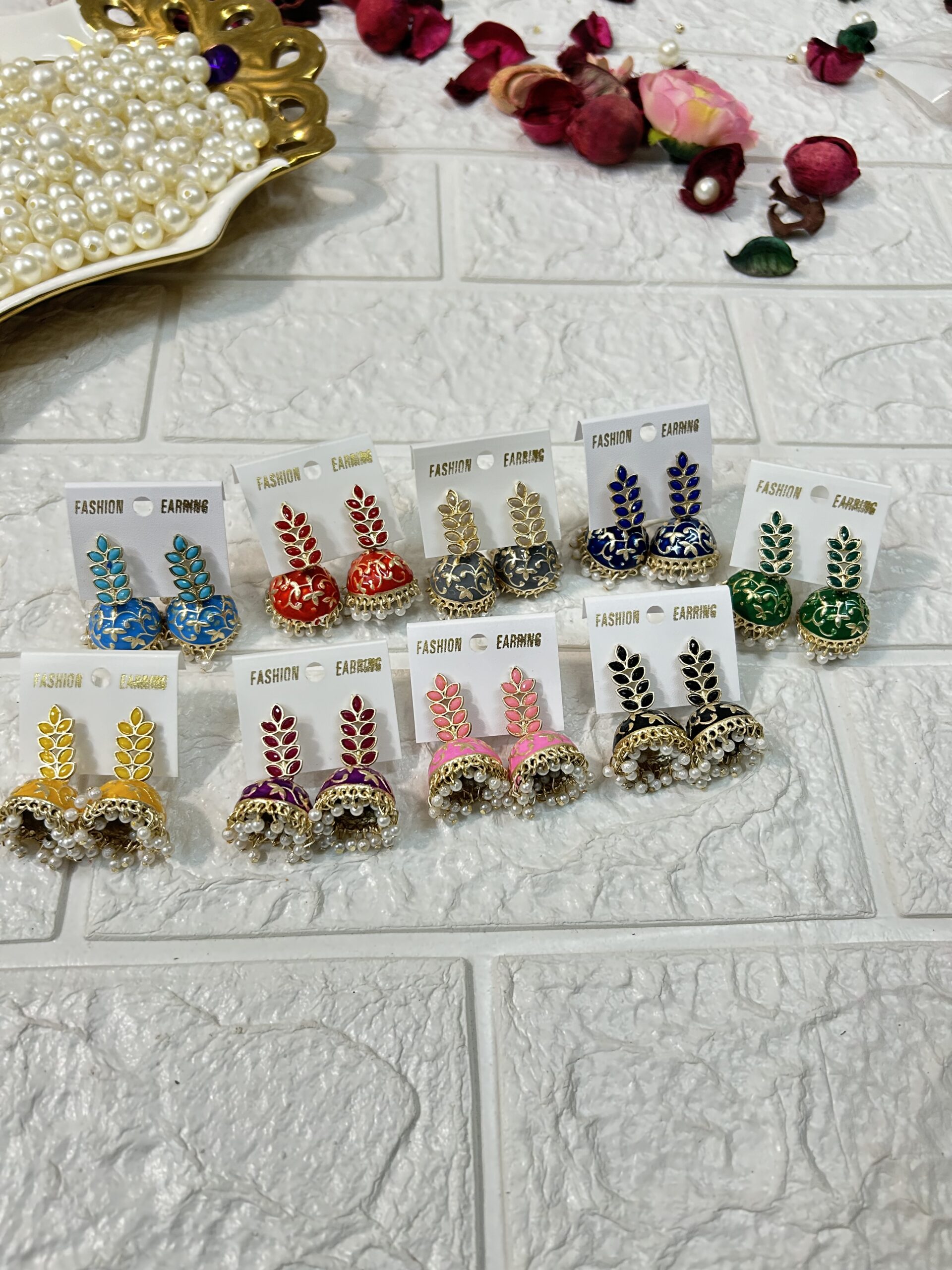 Leaf Shape Meenakari Jhumki Earrings For Mehndi Sangeet Haldi Party Return Gifts