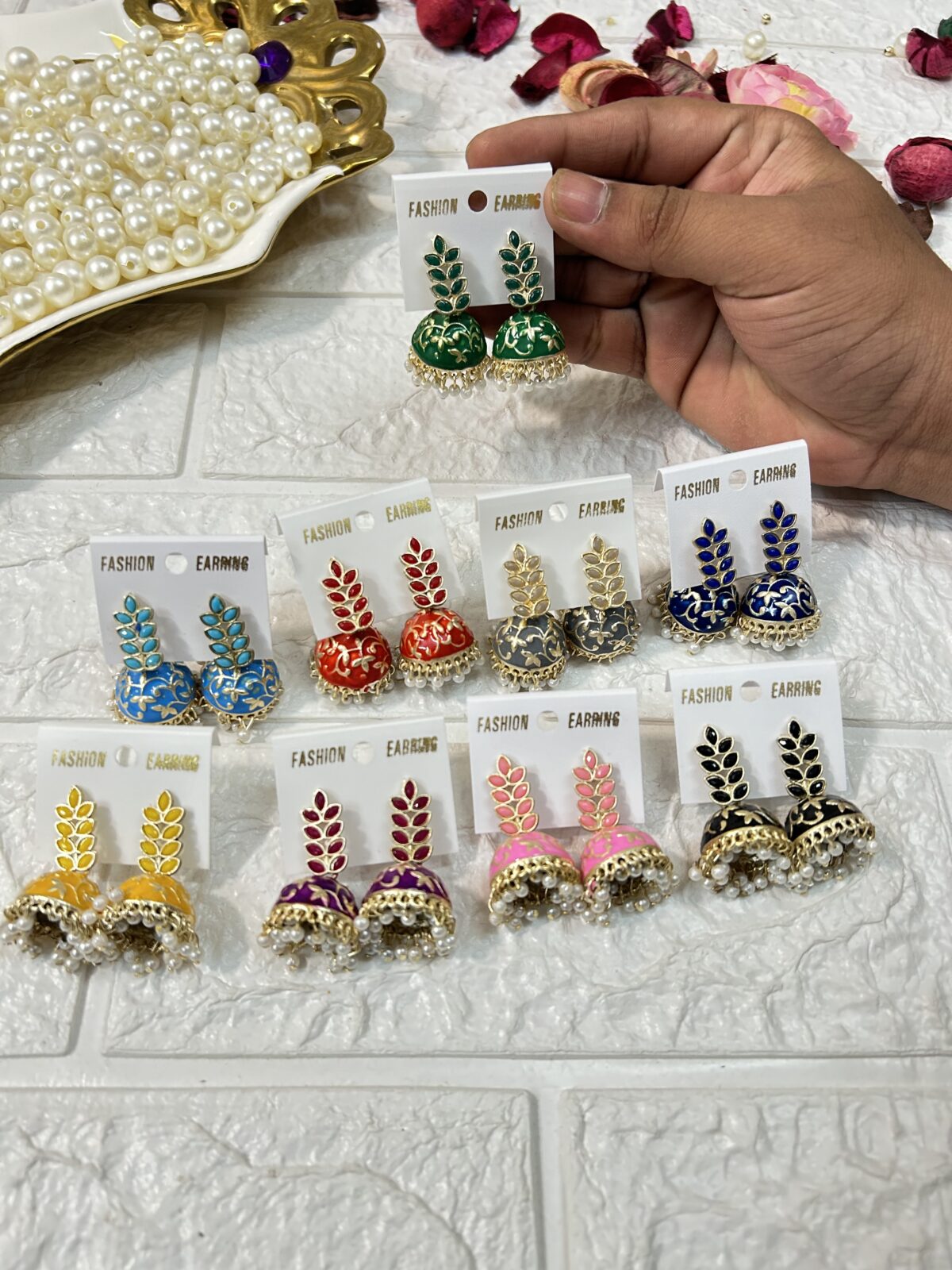 Leaf Shape Meenakari Jhumki Earrings For Mehndi Sangeet Haldi Party Return Gifts