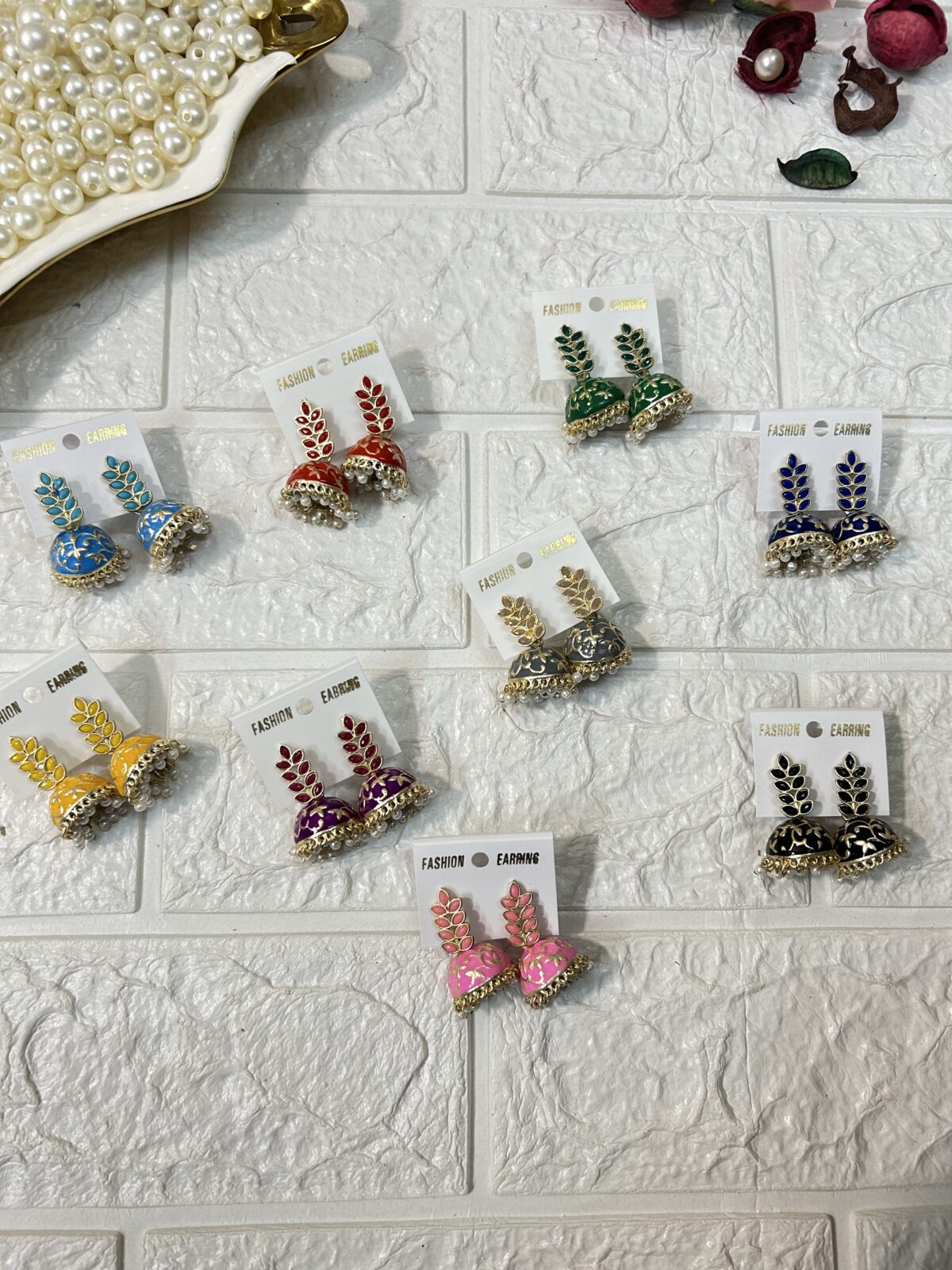 Leaf Shape Meenakari Jhumki Earrings For Mehndi Sangeet Haldi Party Return Gifts