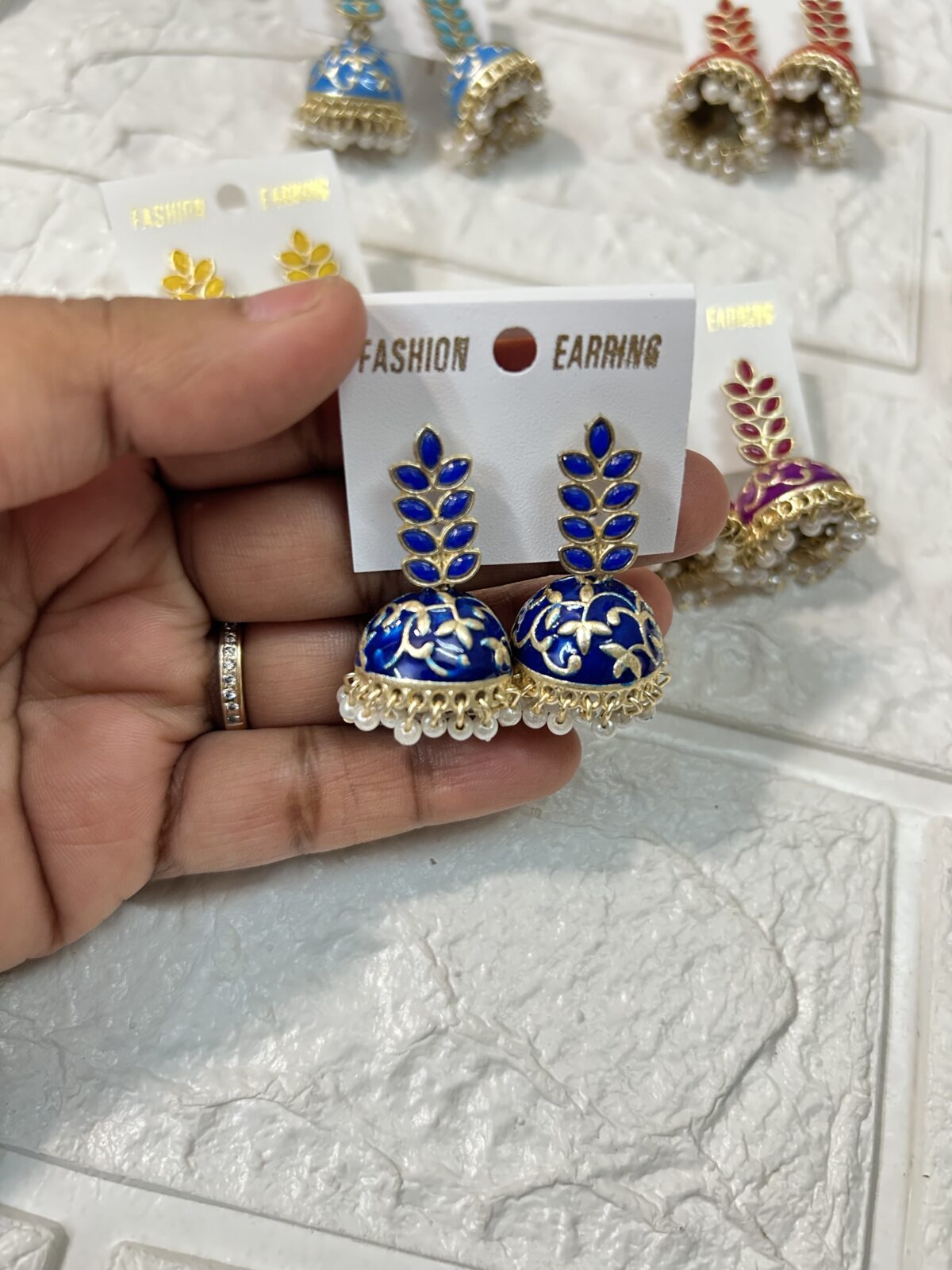 Leaf Shape Meenakari Jhumki Earrings For Mehndi Sangeet Haldi Party Return Gifts