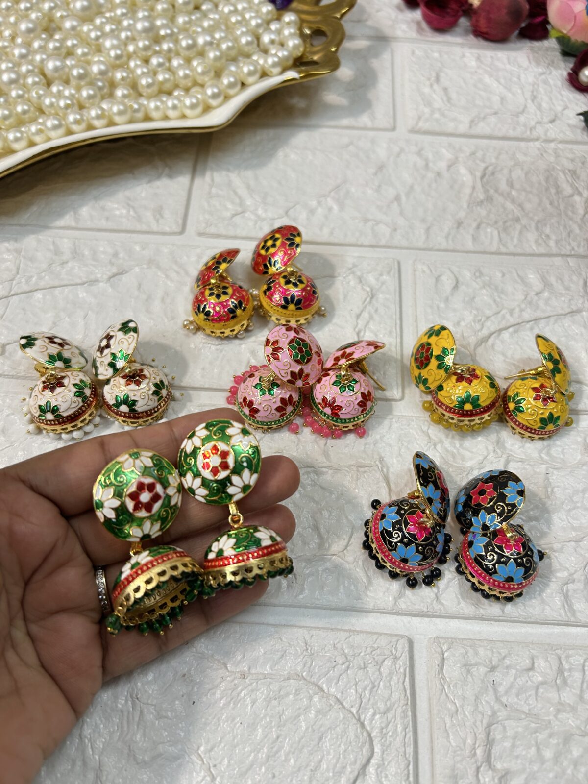 Brass Meenakari Jhumki Earrings For Mehndi Sangeet Haldi Party Return Gifts
