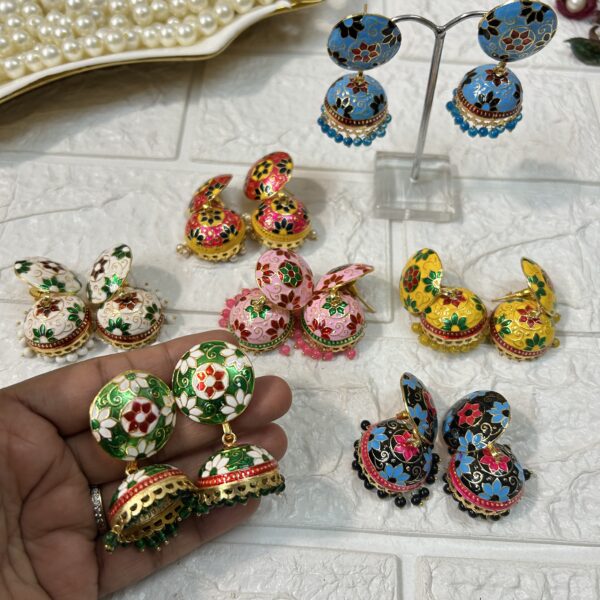 Brass Meenakari Jhumki Earrings For Mehndi Sangeet Haldi Party Return Gifts