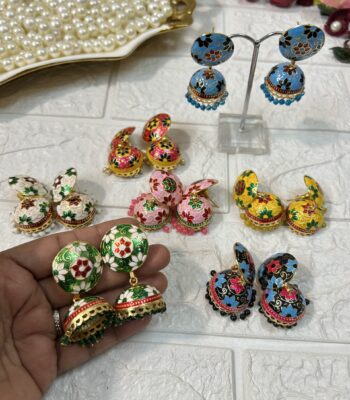 Brass Meenakari Jhumki Earrings For Mehndi Sangeet Haldi Party Return Gifts