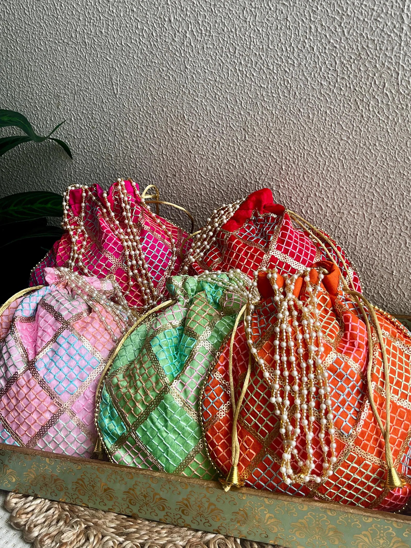 Checks Embroidered Potli Bags Wedding Mehendi Return Gifts